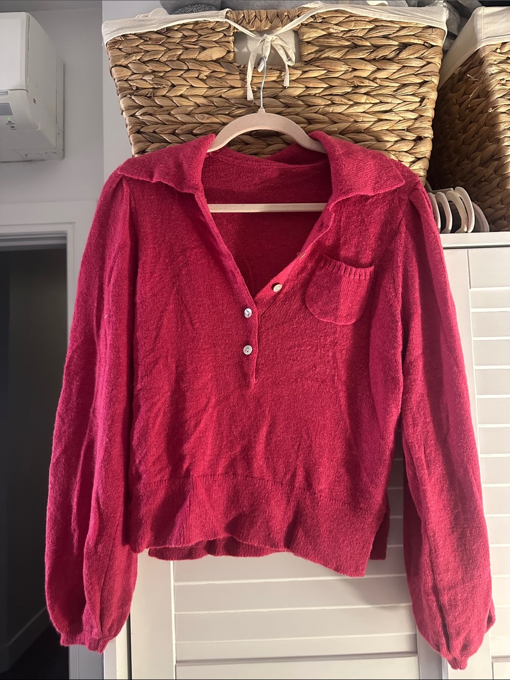Ladies Collared V-Neck Button Pullover Sweater - Raspberry